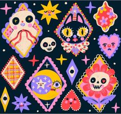 an assortment of colorful skulls and cats on a black background with stars, circles, and shapes