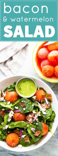 bacon and watermelon salad in a white bowl on a marble countertop with the title above it