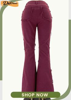 Maroon Denim Zipper Fly High Patchwork Washing Zippered Boot Cut Pants Bottoms Burgundy Cotton Jeans For Fall, Burgundy Straight Leg Cotton Jeans, Burgundy Cotton Straight Leg Jeans, Casual Burgundy Straight Leg Jeans, Fitted Burgundy Casual Jeans, Boot Cut Pants, Fly High, Product Name, Boot Cut