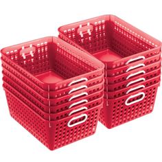 two red plastic baskets with handles on each side