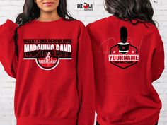 Personalized Marching Band School Spirit T-Shirt Crewneck, Hoodie Hooded Sweatshirt Not all colors are available in all sizes and styles.  Please check the color and size charts in photos. We do our best to accurately represent shirt colors by using actual photos but do understand that all monitors will display differently. Please contact us prior to purchase with any questions on sizing or colors. Your purchase includes a custom imprint created specifically for your team! A product proof will be emailed to you within 1 business day.  Please keep an eye on your Etsy messages and reply with any changes within 24 hours. Your order will be sent to production after that time if no response is received. Excessive editing will incur an additional fee so be sure to double check your information w Band Merch Hooded Cotton T-shirt, Cotton Hooded T-shirt With Band Merch, Hip Hop Hoodie Tops For College, Crew Neck Cotton Hoodie For Concerts, Cotton Crew Neck Hoodie For Concerts, Band Merch Crew Neck Hoodie For Concerts, Hooded Band Merchandise Tops, Red Cotton Band Merch Sweatshirt, Winter Band Merch Tops, Pre-shrunk