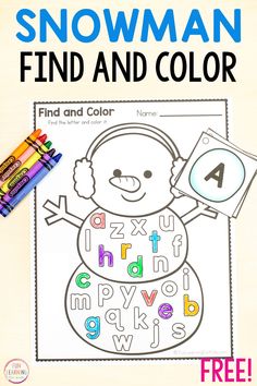 a snowman find and color activity with crayons