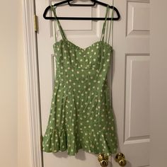 Green Polka Dot Summer Dress, Never Worn. Polka Dot Mini Sundress For Spring, Polka Dot Sundress For Spring Vacation, Spring Polka Dot Sundress For Vacation, Spring Polka Dot Mini Dress, Polka Dot Sundress For Spring And Summer, Polka Dot A-line Mini Dress For Summer, Fitted Polka Dot Sundress For Summer, Summer Polka Dot Mini Dress, Polka Dot Sundress For Spring