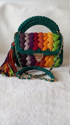 Multi Color Bag/hand Woven Bag/crochet Bag/knitted - Etsy Evening Clothes, Multi Colored Bag, Crochet Purse Pattern Free, Knitted Bag, Purple Bag, Tshirt Bag, Crochet Purse Patterns, Colorful Bags, Handmade Purses