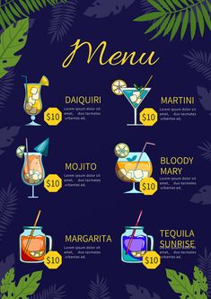 a menu with different types of drinks on the table and in front of it are palm leaves