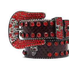 The Red Skull Buckle With Red Shiny Rhinestone Belt is a bold and edgy accessory that can add a pop of color and personality to any outfit This belt features a striking red strap that is adorned with shiny red rhinestones, creating a dazzling effect that is sure to catch the eye. The highlight of this belt is its intricately designed skull buckle, which is also finished in a bright red hue. The buckle is sturdy and adds an extra layer of toughness to the overall aesthetic of the belt. This acces Belt Store, Diamond Belt, Bling Rhinestones, Belts For Men, Red Skull, Rhinestone Belt, Designer Belt, Belt Black, Belts