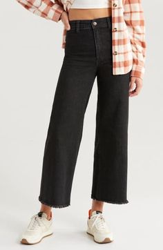 Dial in a retro vibe in these wide-legged pants cut to a cute, cropped length with a frayed hem for a dash of DIY charm. 28" inseam; 22" leg opening; 12" front rise; 15" back rise (size 29) Zip fly with button closure 67% cotton, 29% polyester, 3% viscose, 1% elastane Machine wash, tumble dry Imported Fall Relaxed Fit Pants With Frayed Hem, Cropped Cotton Wide Leg Pants For Fall, Cropped Wide Leg Cotton Pants For Fall, Trendy Wide Leg Pants With Frayed Hem, Chic Wide Leg Bottoms With Frayed Hem, Fall Relaxed Fit Wide Leg Cropped Pants, Chic Wide Leg Pants With Frayed Hem For Spring, Casual Cropped Wide Leg Pants For Fall, Trendy Cropped Wide Leg Pants For Fall