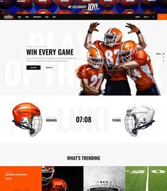 an orange and white website design with football helmets on the front, two men in uniforms holding