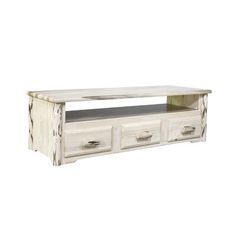 a white wooden entertainment center with drawers on one side and an open drawer on the other