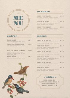 a menu with birds sitting on top of it