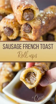 Sausage French Toast Roll Ups dipped in maple syrup French Toast Wrapped Sausage, Pancake Sausage Roll Ups, Sausage Wrapped In Pancake, Pancake Wrapped Sausage, Sausage Wraps, Breakfast Entrees, Lazy Breakfast, Breakfast Roll