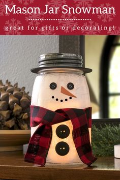 a mason jar with a snowman on it and the words great for gifts or decor