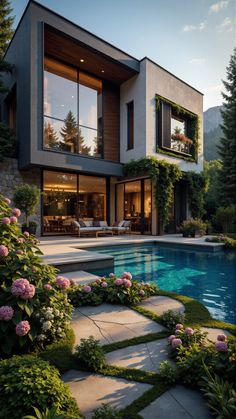 a house with a swimming pool in front of it and lots of greenery on the side