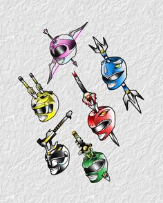 six different types of helmets and swords on a white paper textured background with torn edges