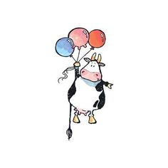 a drawing of a cow with balloons attached to it's back, in the air