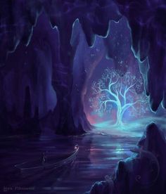 a painting of a tree in the middle of a lake at night with blue lights