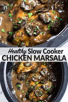 two images showing the chicken marsala in a slow cooker