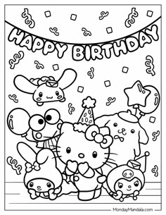 happy birthday coloring pages for kids to print out and color with the hello kitty theme