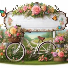 a painting of a bicycle with flowers on the front and back tire, next to a sign that says welcome spring