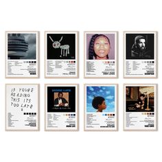 six black and white posters with images of people in different styles, sizes and colors