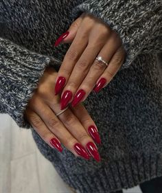 September Pedicure Colors 2024, Feminin Nails, Christmas Nails Red Designs, Red Gel Acrylic Nails, Almond Nails Red Design, Red Nail Designs Classy, Long Red Almond Nails, Autumn Nails Inspiration, Red Gel X Nails