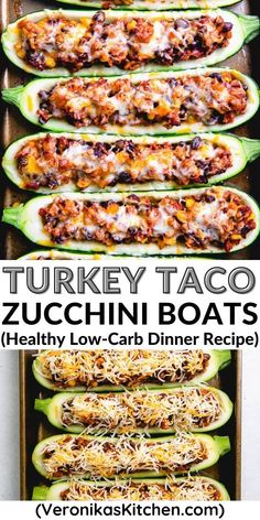 Zucchini, stuffed with ground turkey and beans filling, topped with cheese. Stuffed Squash With Ground Turkey, Turkey Stuffed Zucchini, Recipes With Ground Turkey And Zucchini, Zucchini And Ground Turkey, Turkey Zucchini, Low Carb Zucchini Boats, Healthy Stuffed Zucchini Boats, Turkey Sausage Recipes Healthy Low Carb, Ground Turkey Low Carb Recipes