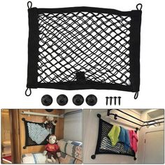 a collage of photos showing the inside of a camper's bed and its accessories