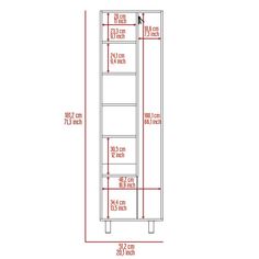 a tall cabinet with measurements for the door and shelves on each side, including height