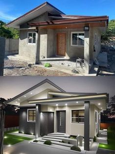 two pictures side by side of a house and the same one with lights on it