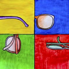 four different colored squares with various items on them, including an eyeglass and spoon