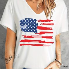 Eromis - Patriotic Emblem Tee for Independence Day: Stylish and Comfortable Round Neck T-shirt for Women T Shirt For Women, Chest Pad, Independence Day, American Flag, Neck T Shirt, Knit Fabric, Round Neck, Graphic Tees, Weaving