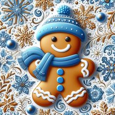 a ginger with a blue hat and scarf on it's head is surrounded by snowflakes