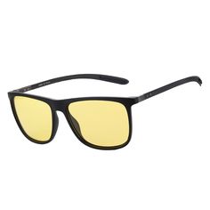 a pair of sunglasses with yellow lenses on the top and bottom, against a white background