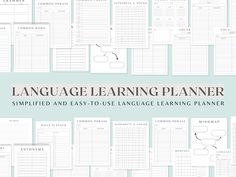 the printable language learning planner is shown in front of a blue background with black and white