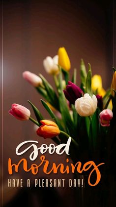 a bouquet of tulips with the words good morning have a pleasant day