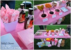 pink table cloths and napkins are on display at an outdoor event with condiments