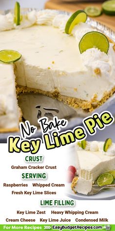 no bake key lime pie recipe with instructions on the front and back cover in english