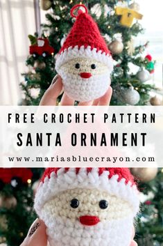 crocheted santa ornament with text overlay that says free crochet pattern