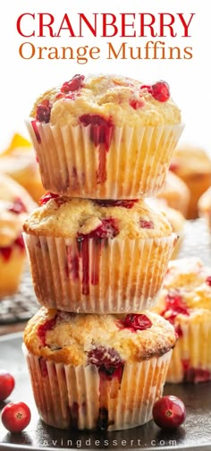 three cranberry orange muffins stacked on top of each other with text overlay