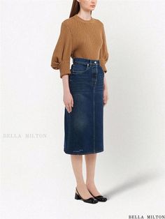 Bellamilton - High-Waisted Midi Denim Skirt with Metal Triangle Cutout Detailing High Waist Denim Blue Skirt For Fall, Denim Blue High Waist Skirt For Fall, High Waist Denim Skirt With Pockets For Winter, Winter High Waist Denim Skirt With Pockets, Non-stretch High Rise Fall Skirt, High Waist Dark Wash Skirt For Fall, Fall High Waist Denim Skirt, High Rise Dark Wash Skirt For Fall, High Rise Medium Wash Skirt For Fall