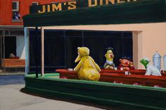 a painting of some cartoon characters sitting at a table in front of a restaurant with the name jimmy's diner on it