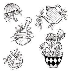 four flower pots with flowers and umbrellas on them