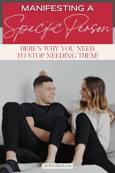 a man and woman sitting on top of a bed with text overlaying the image