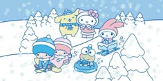 hello kitty and her friends are playing in the snow with their sleighs