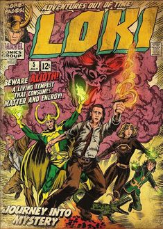 an old comic book cover with the title loki and other characters in front of it