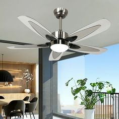 a ceiling fan that is on top of a table