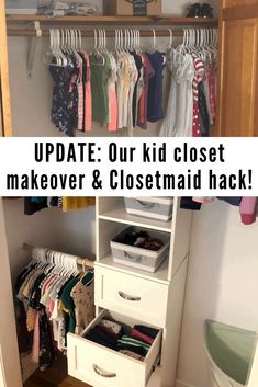 an open closet with clothes and shoes on the shelves, next to a white chest of drawers