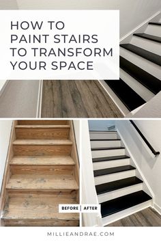 stairs with black and white striped treading in the bottom right hand corner, below which is an image of how to paint stairs to transform your space