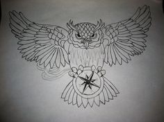 an owl with wings and compass on it's back is drawn in black ink