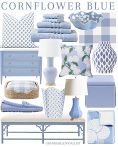 a blue and white color scheme with pillows, blankets, lamps, bed linens